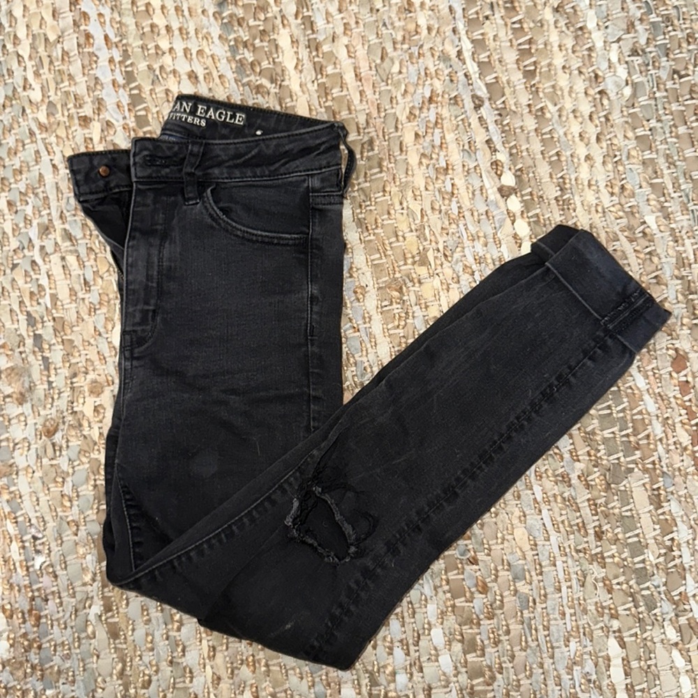 BLACK AMERICAN EAGLE SKINNY JEANS, high waisted, size 25, long